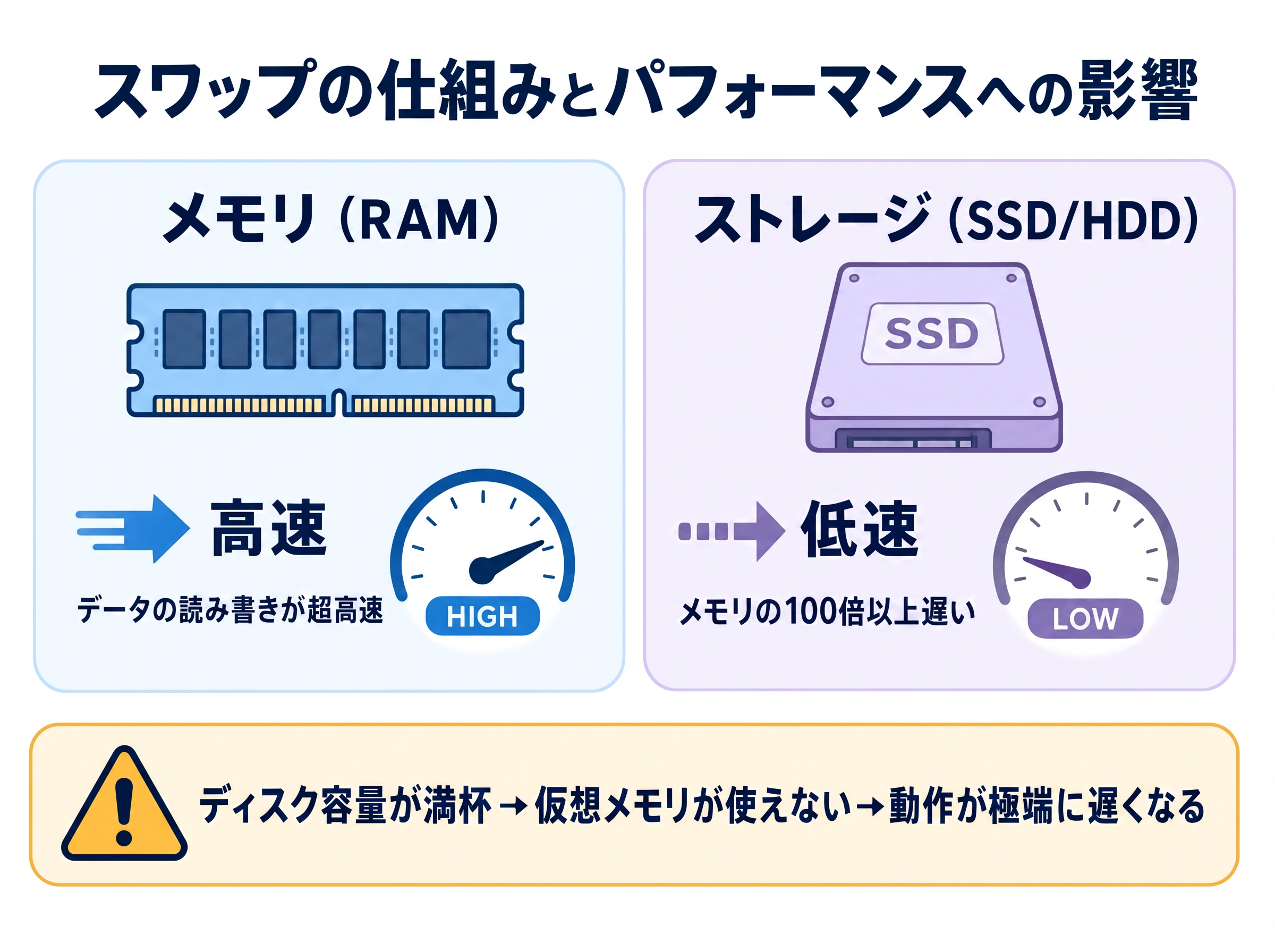 メモリとストレージの速度比較・スワップとパフォーマンスへの影響を図解したインフォグラフィック