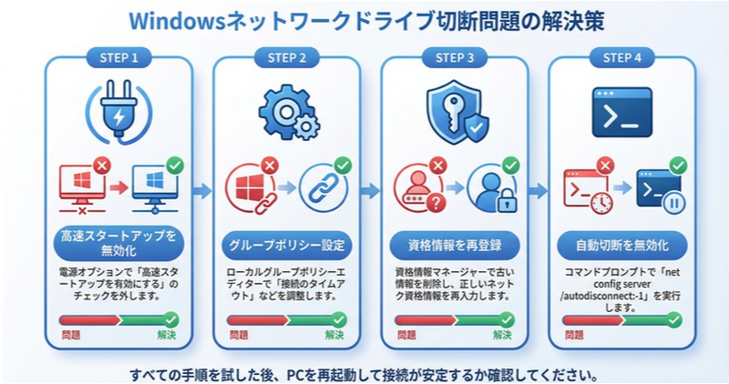 図解：ネットワークドライブ切断の主な原因（高速スタートアップ・自動切断・資格情報・スリープ・ネットワーク障害）