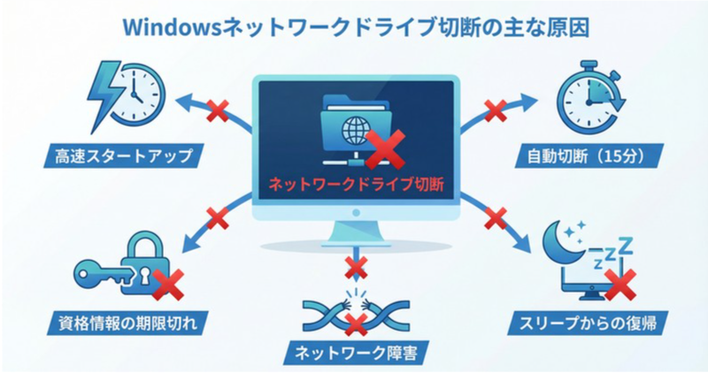 図解：ネットワークドライブ切断の主な原因（高速スタートアップ・自動切断・資格情報・スリープ・ネットワーク障害）