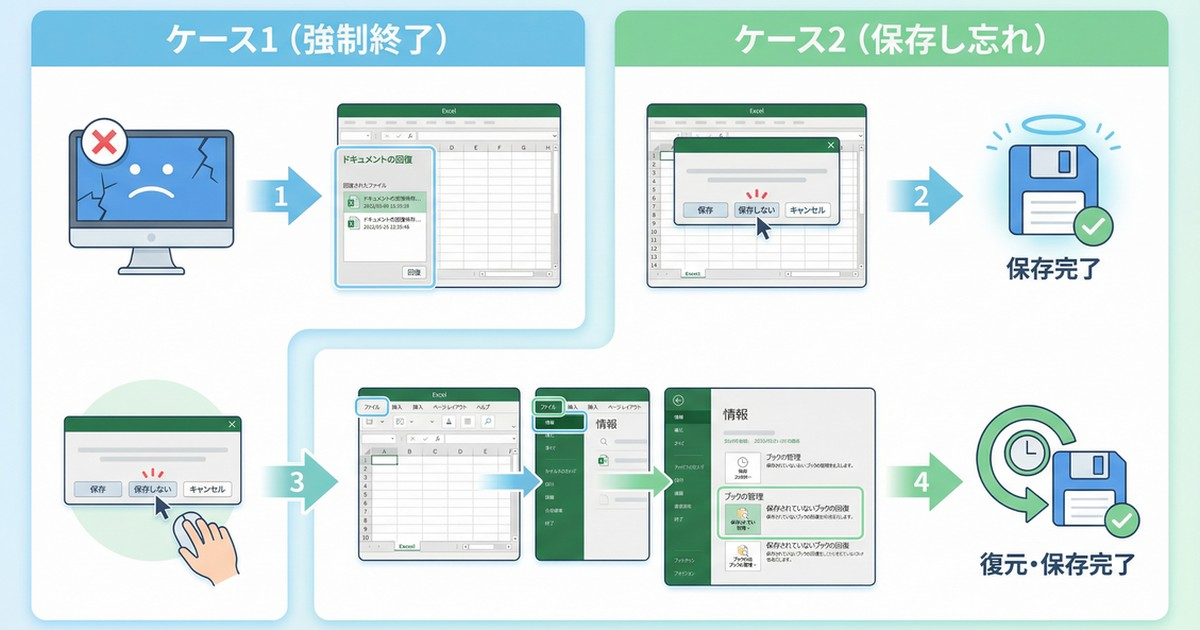 図解：Excelデータ復元の2つのケース（強制終了時・保存し忘れ時）の手順