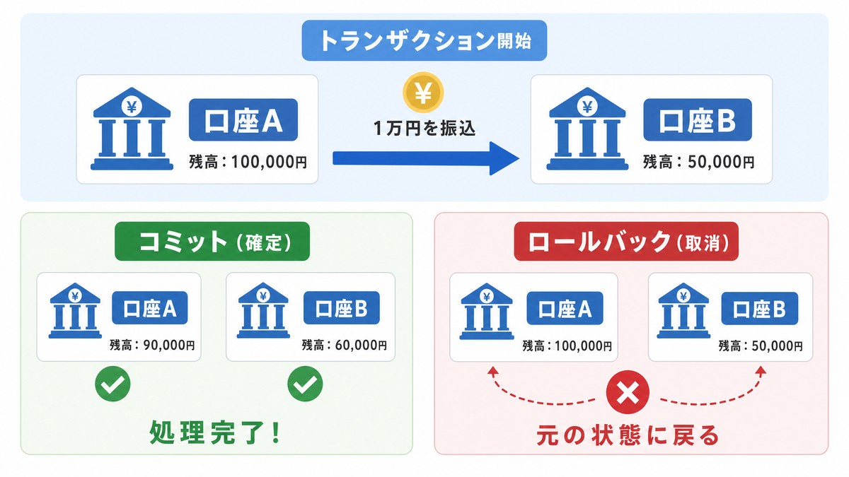 コミット(Commit)とロールバック(Rollback)の違いを示す図解