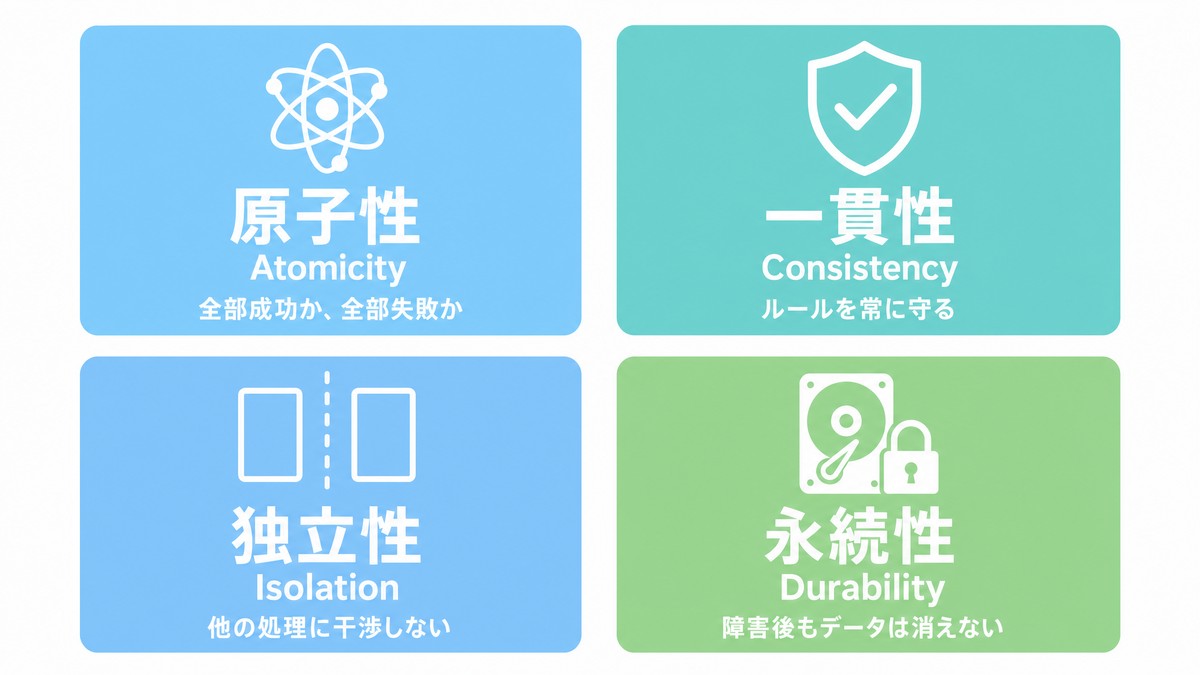 ACID特性の4つの要素(Atomicity・Consistency・Isolation・Durability)を示す図解