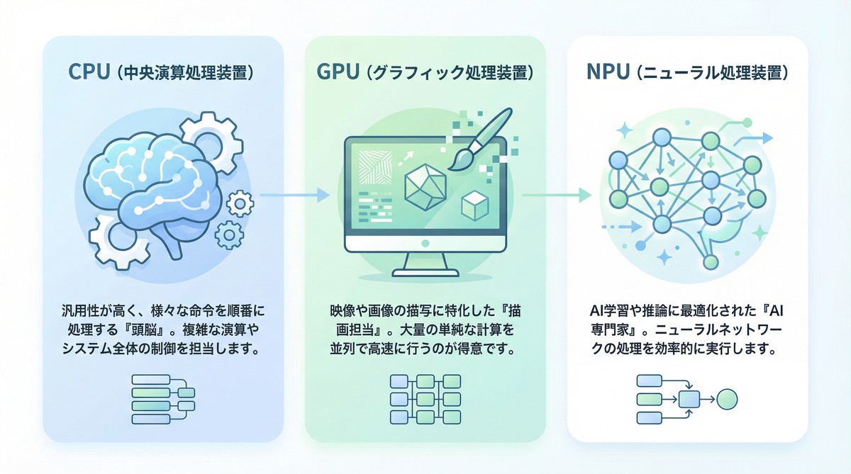 図解：CPU・GPU・NPUの違いを解説したインフォグラフィック