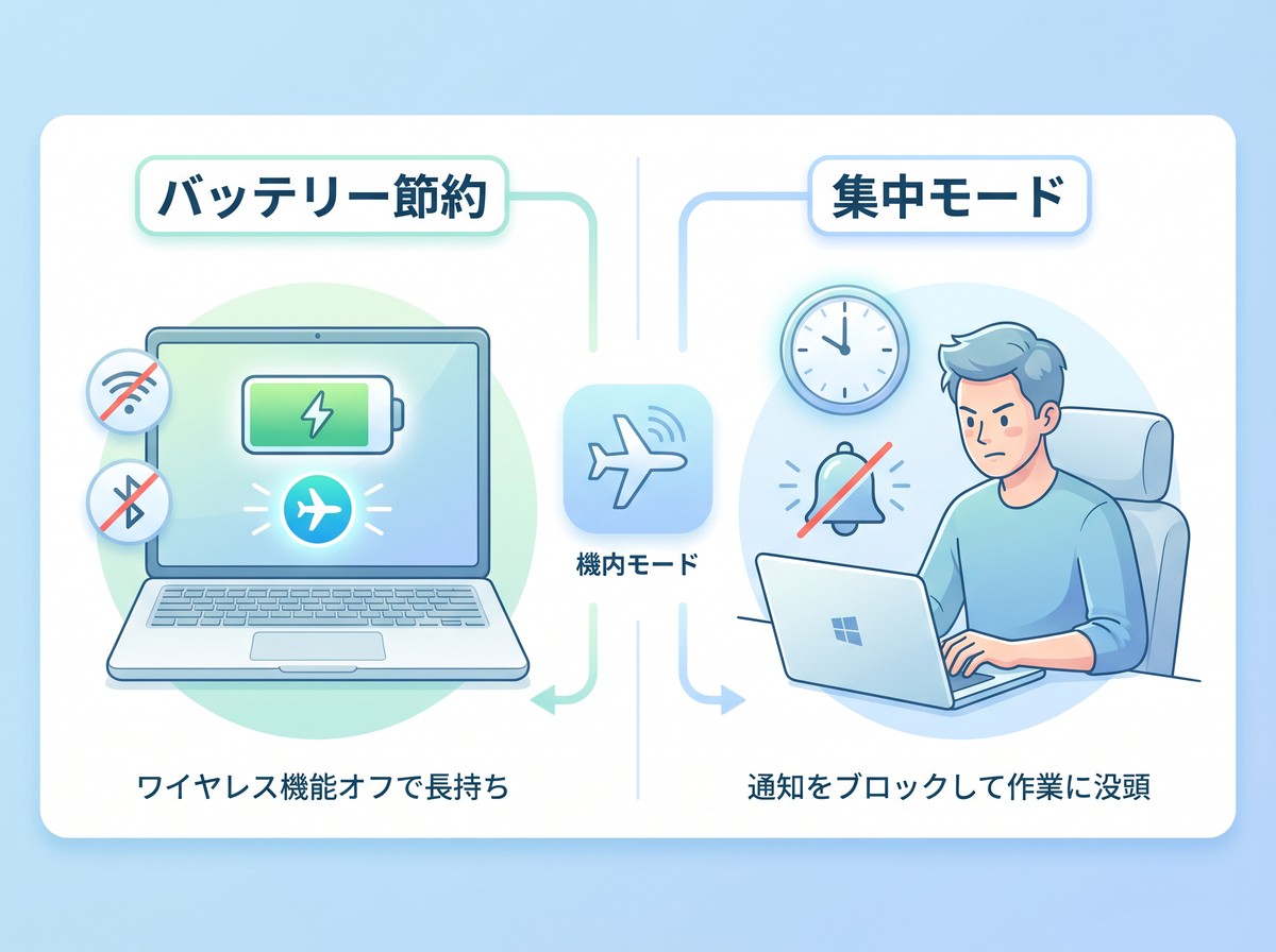 機内モードのバッテリー節約と集中モードの活用法を示すインフォグラフィック