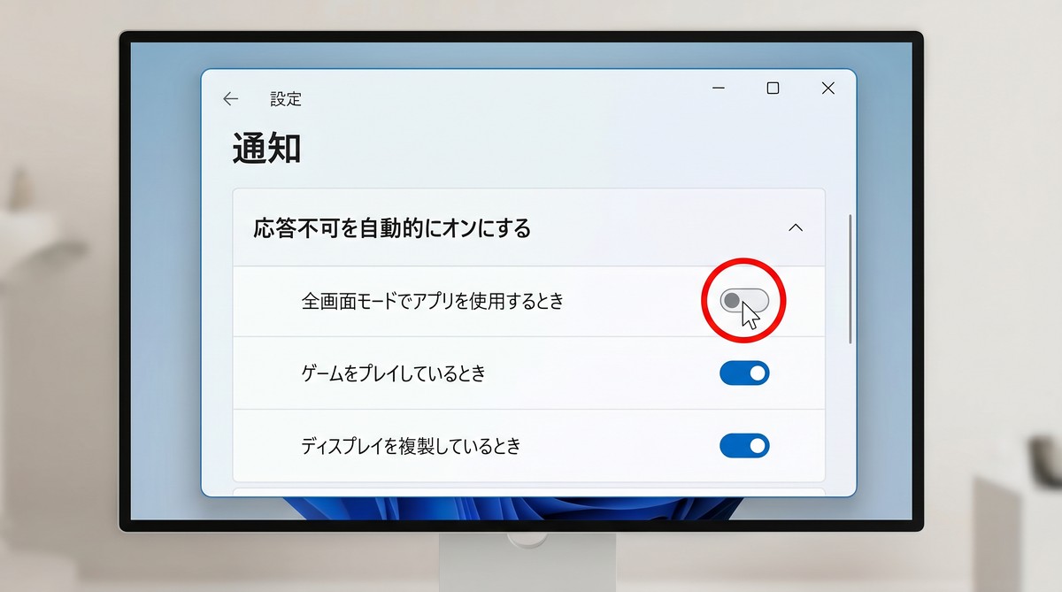 Windows 11の設定画面で応答不可モードの自動起動条件を無効化する手順