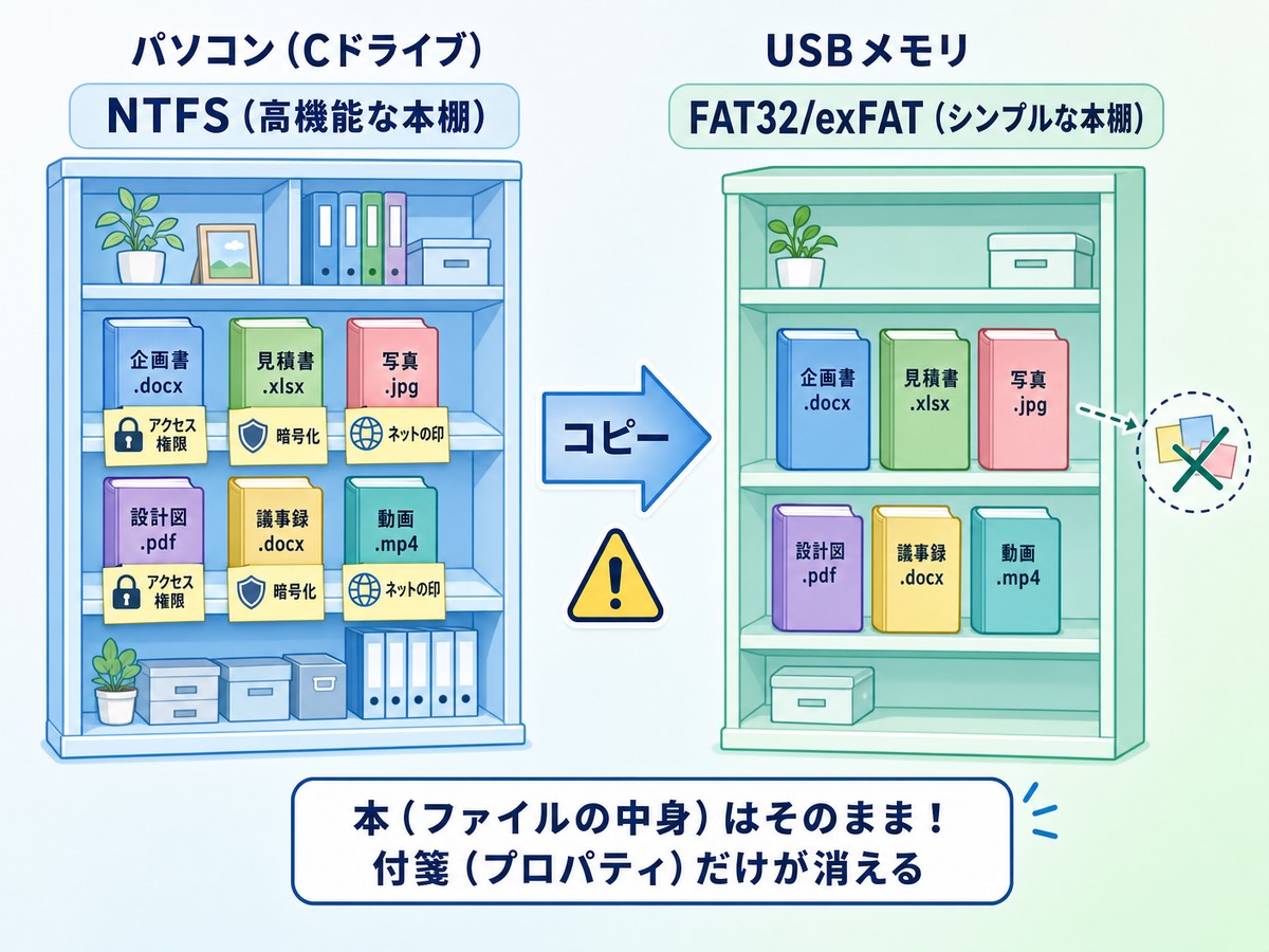 NTFSとFAT32/exFATのファイルシステムの違いを本棚で例えたインフォグラフィック