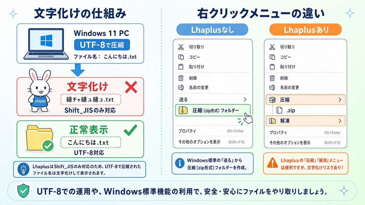 UTF-8とShift_JISによる文字化けの仕組みとLhaplusの右クリックメニューの図解