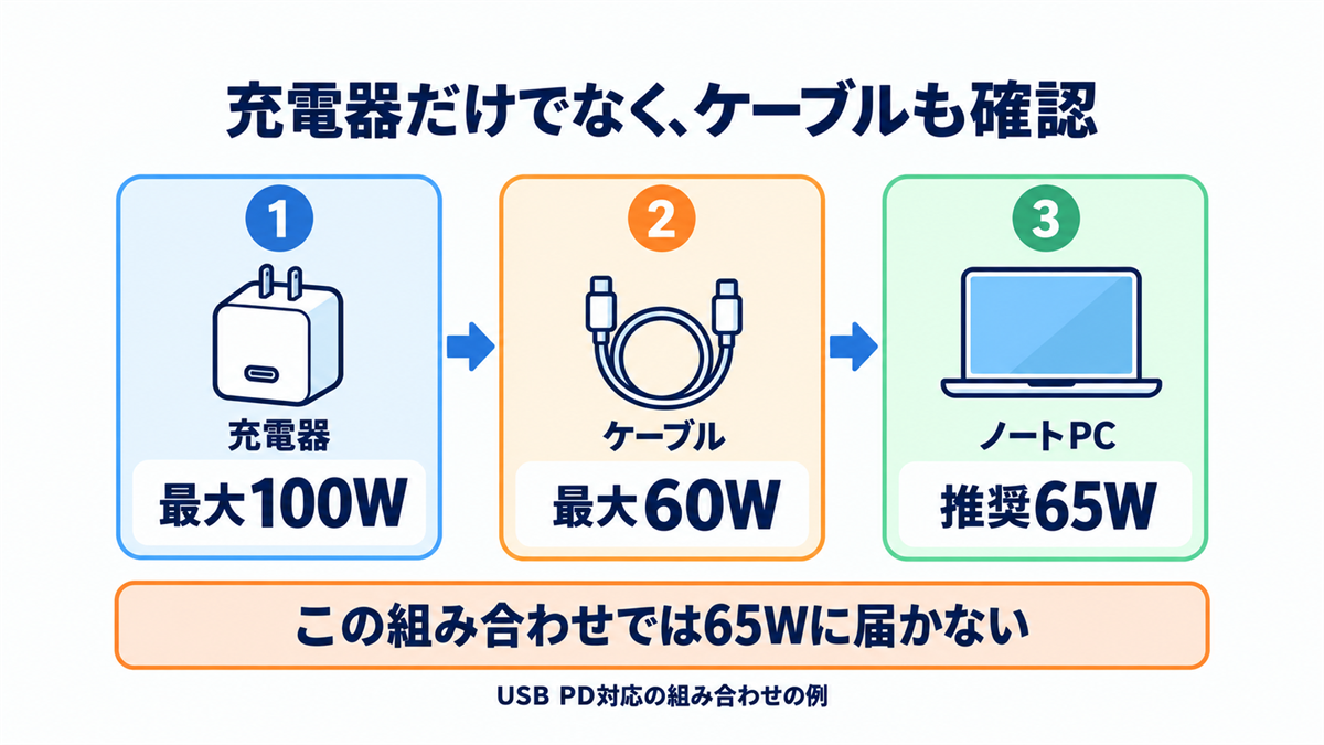ACアダプターが100Wでも最大60Wのケーブルでは推奨65Wに届かないUSB PD充電の組み合わせ例
