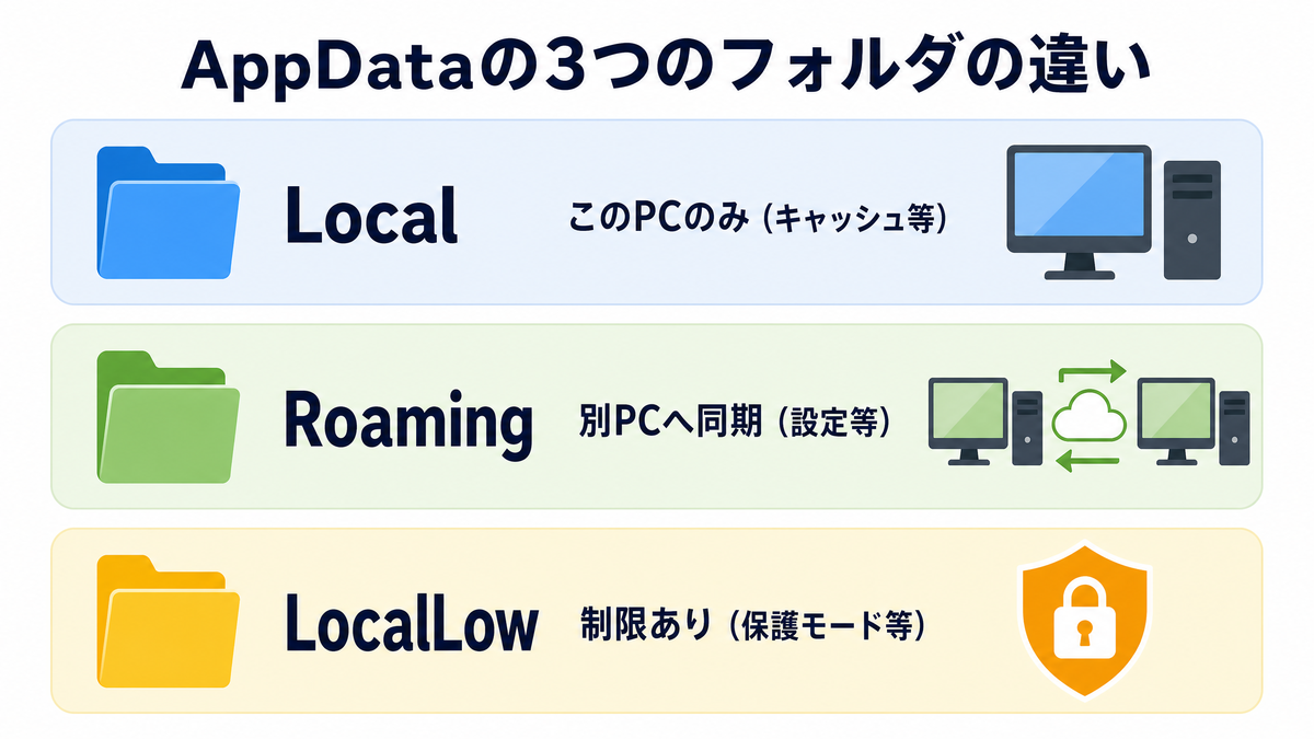 AppDataのLocal・Roaming・LocalLowの違いを示す図解