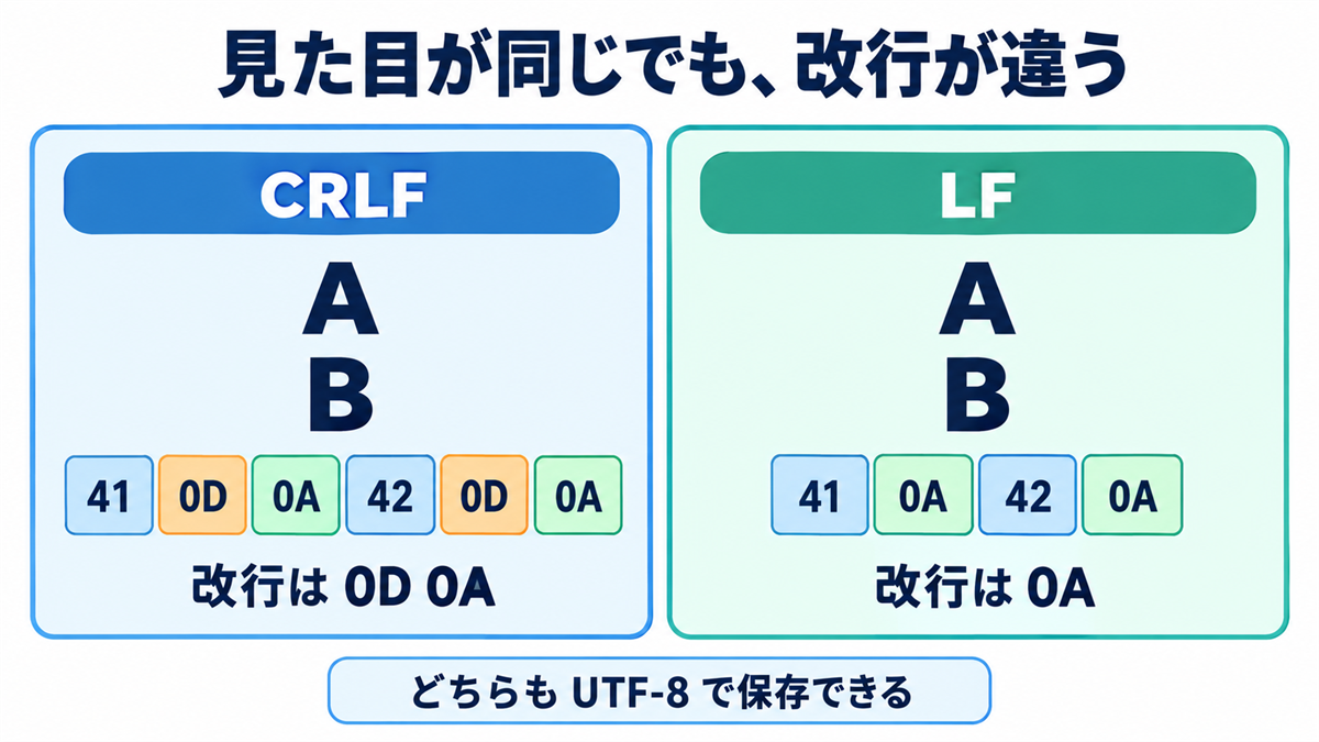 CRLFとLFで同じ2行のUTF-8テキストを保存したバイト列の違い