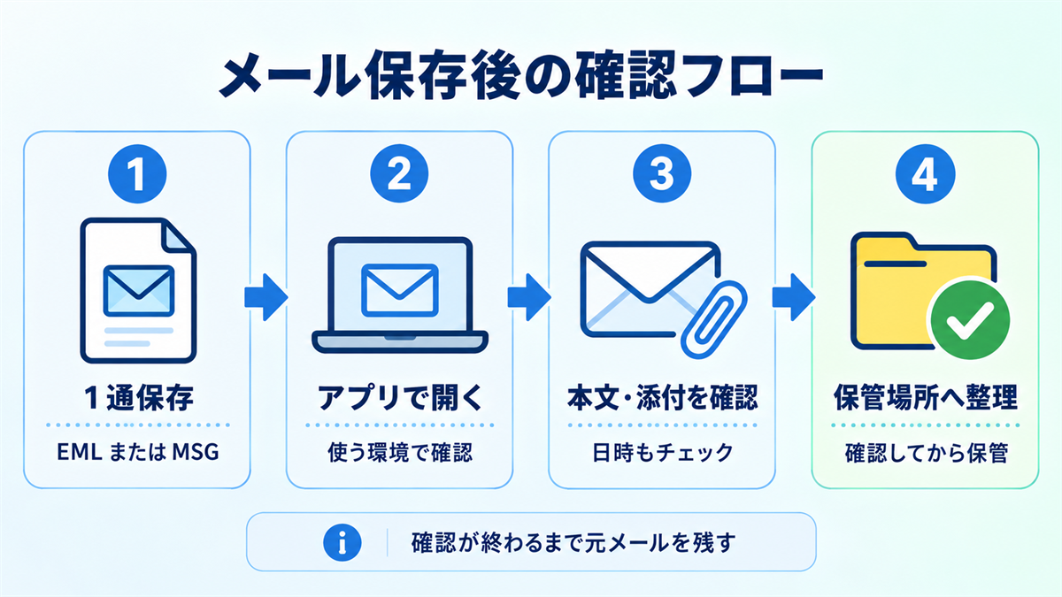 OutlookのEML・MSG保存後に、アプリで開いて本文・添付・日時を確認する4段階の流れ