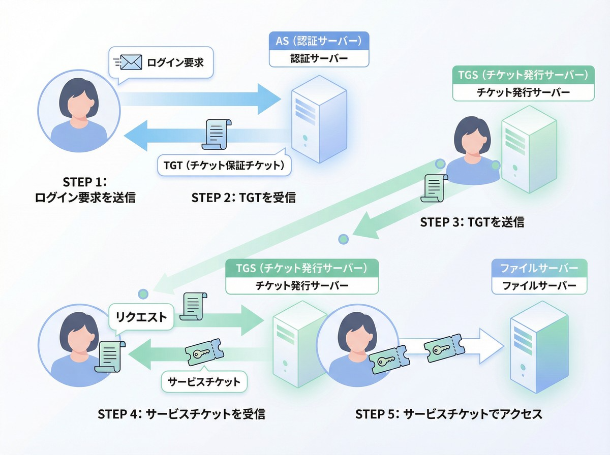 Kerberos認証のTGTとサービスチケットの発行フロー図