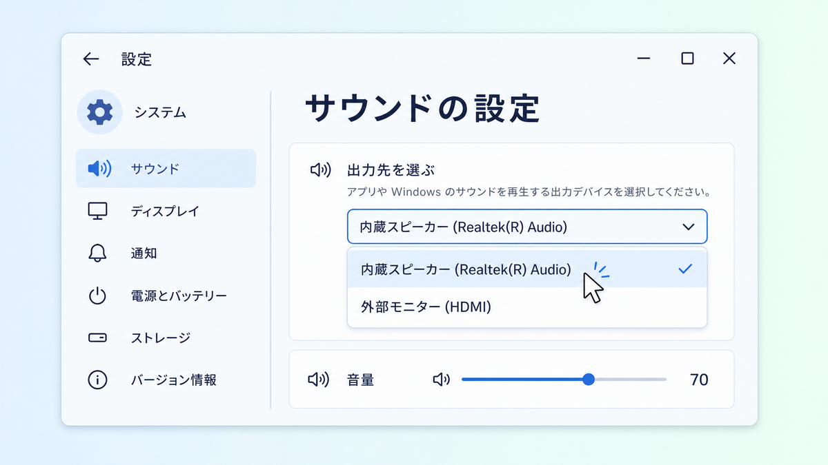 図解：Windows 11のサウンド出力先設定画面でRealtek(R) Audioを選択する操作