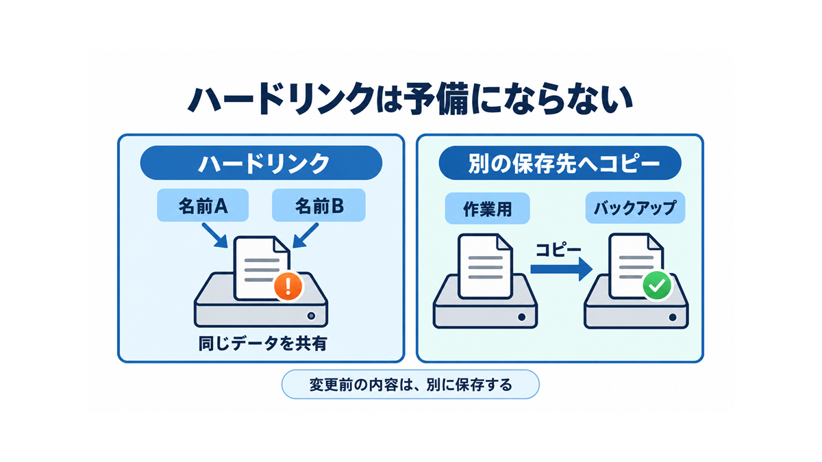 ハードリンクの名前を増やしてもデータは共有され独立したバックアップにならないことを示す図