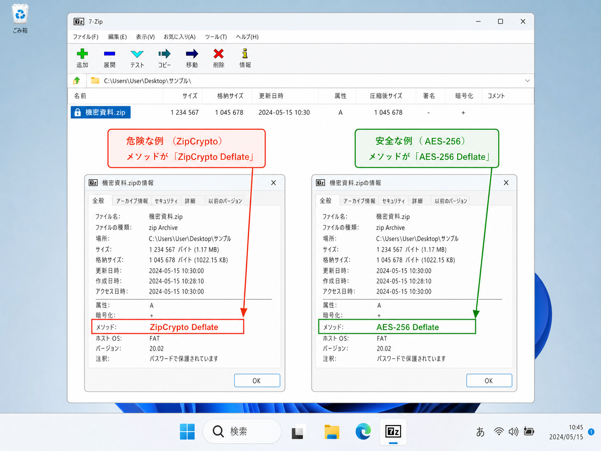 7-ZipでZIPファイルの暗号化方式を確認する方法
