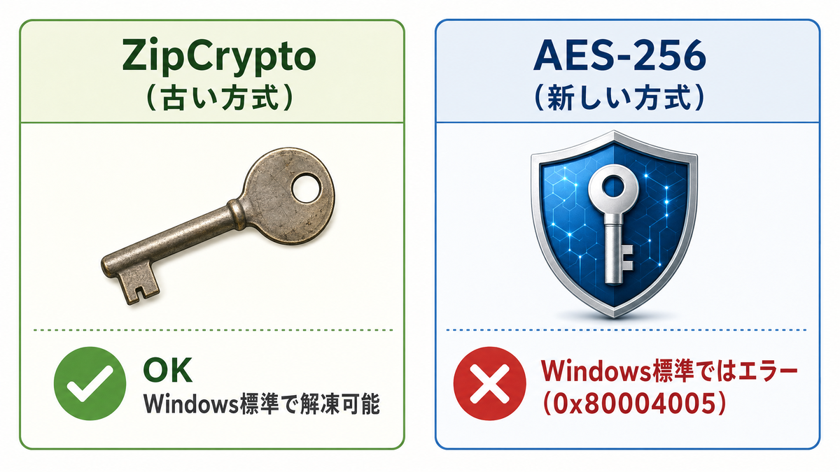 ZipCryptoとAES-256の違いによるエラー0x80004005の図解