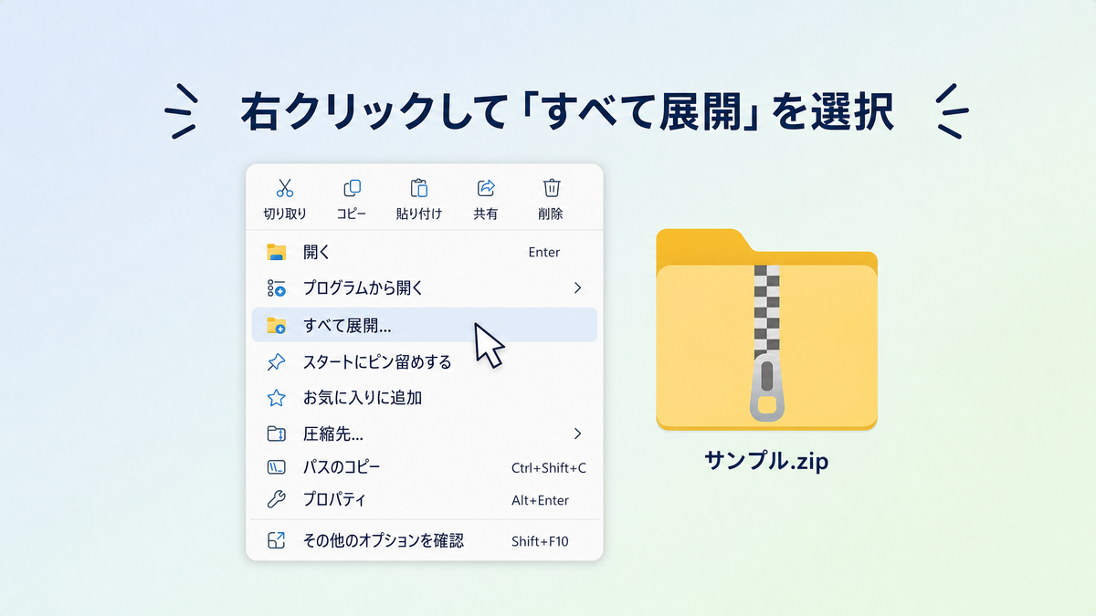 図解：Windows 11でのzipファイル展開手順